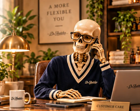 Friendly navy-clad skeleton receptionist answering customer enquiries