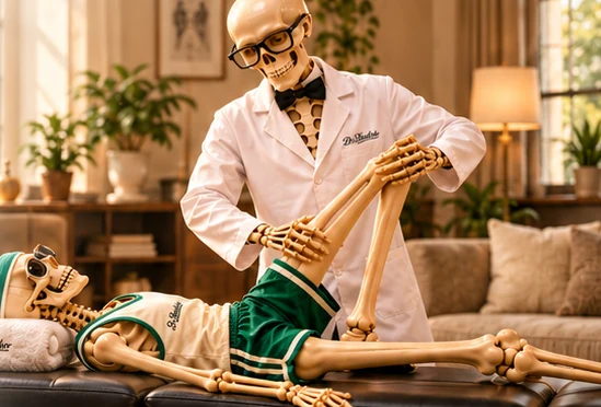 Dr Stretcher helping a skeleton client stretch in a warm home interior