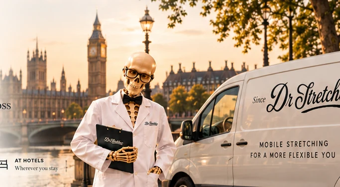 Dr Stretcher in a white coat with London skyline and mobile van