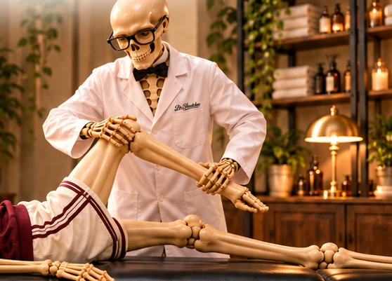 Dr Stretcher in a white coat guiding a burgundy-clad skeleton through an assisted leg stretch