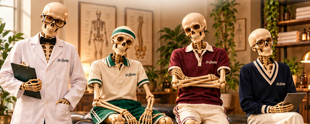 Group of skeleton stretching characters in cream, emerald, burgundy and navy sports clothing