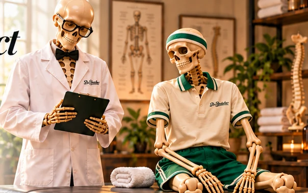 White-coated Dr Stretcher character with a green-clad stretching specialist in a luxury interior