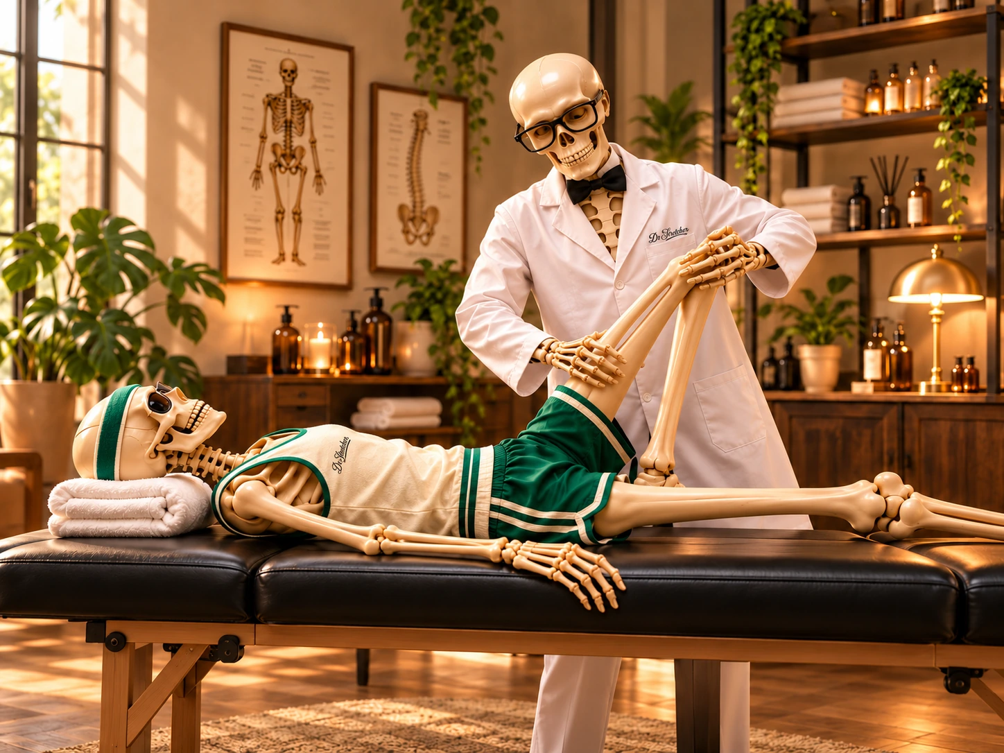 Dr Stretcher skeleton practitioner helping a skeleton client stretch on a black treatment table in a luxurious studio
