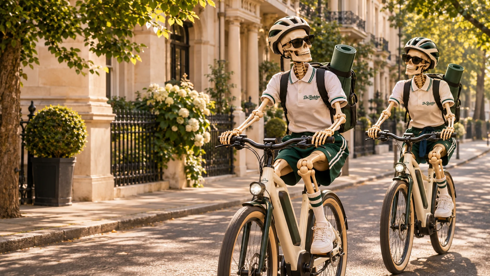 Two helmet-wearing Dr Stretcher skeleton characters cycling through a London neighbourhood with rolled yoga mats in their backpacks