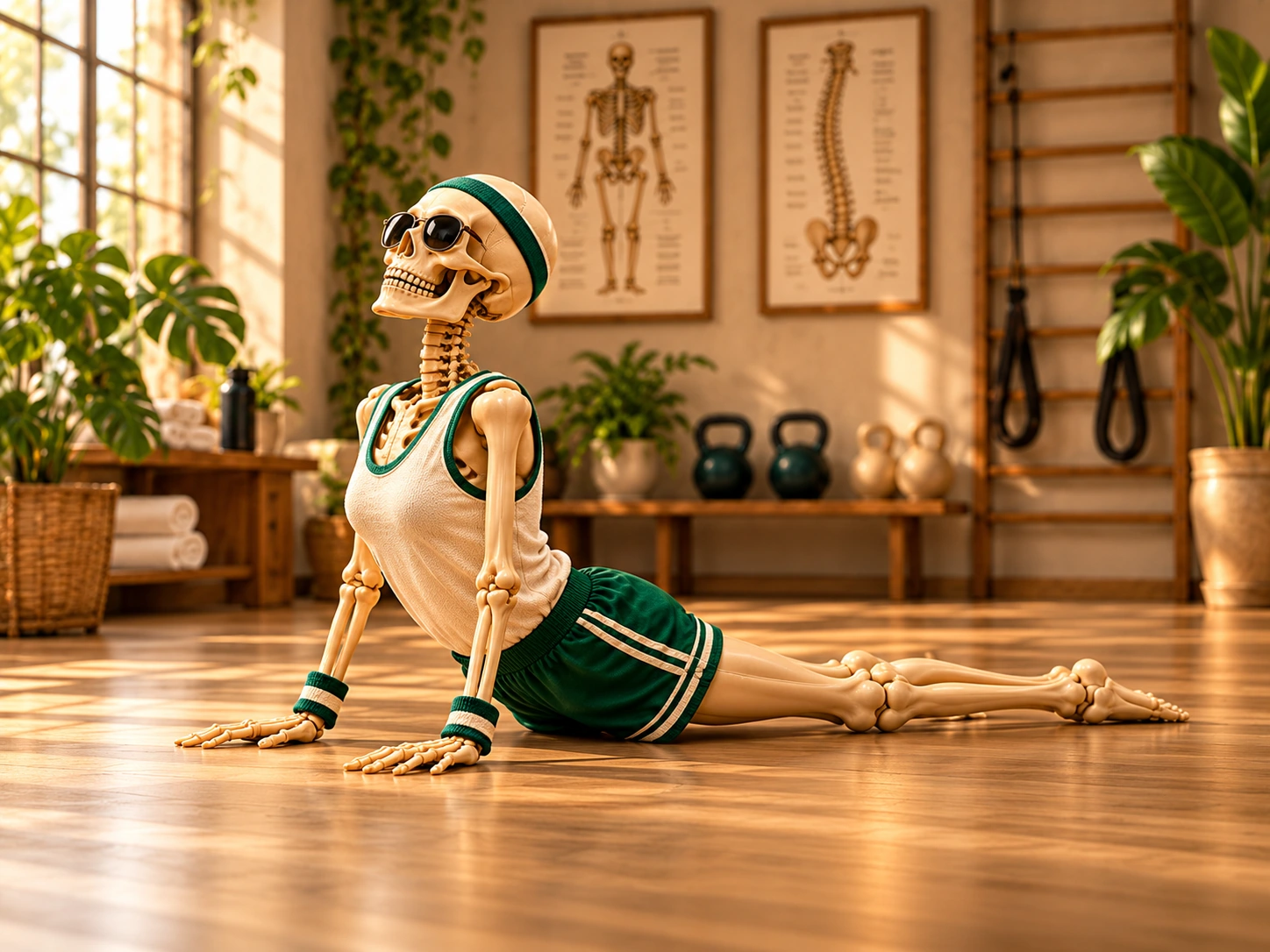 Skeleton character in green sportswear demonstrating a back extension and hip opener