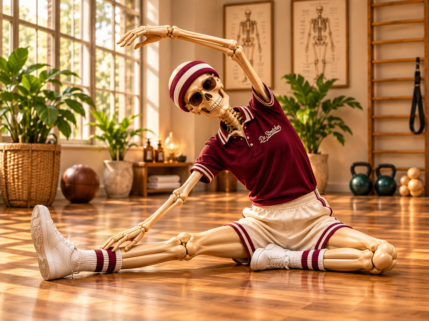Skeleton character in burgundy sportswear demonstrating a seated side stretch