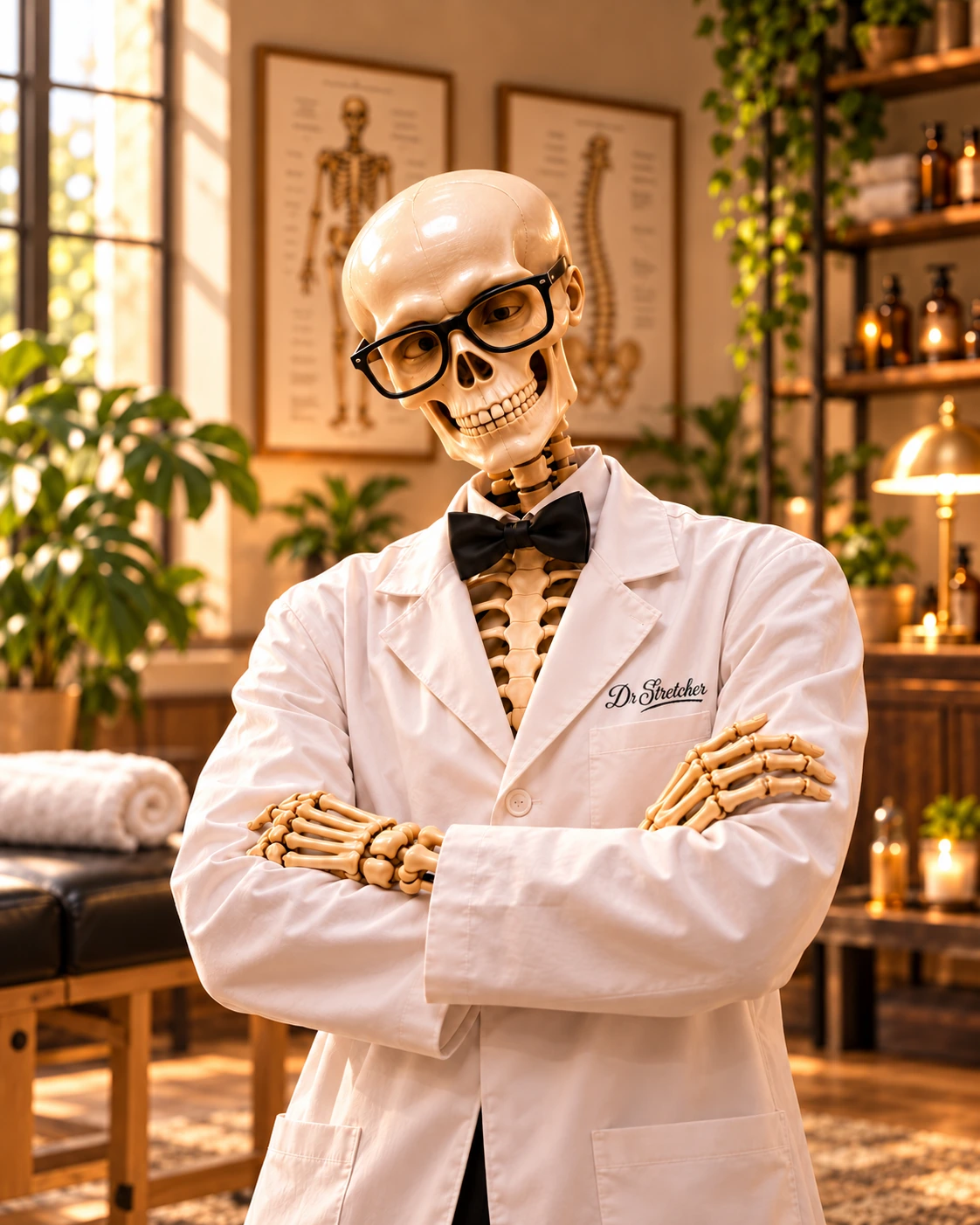 Dr Stretcher skeleton in a white medical coat