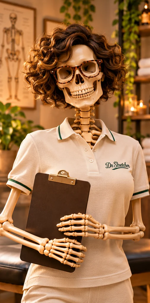 Illustrated Dr Stretcher brand character Taylor in the warm wellness studio