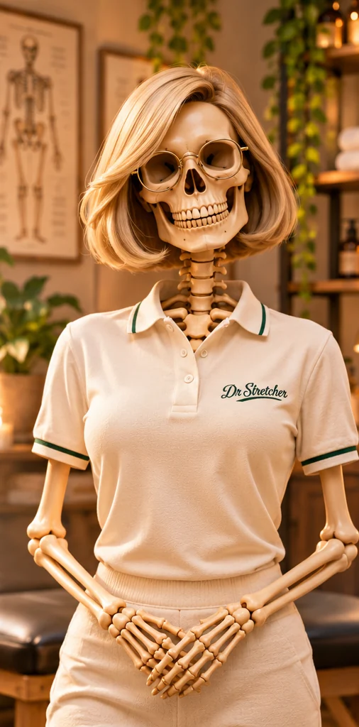 Illustrated Dr Stretcher brand character Harper in the warm wellness studio
