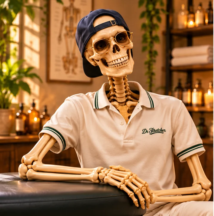 Illustrated Dr Stretcher brand character Frankie in the warm wellness studio